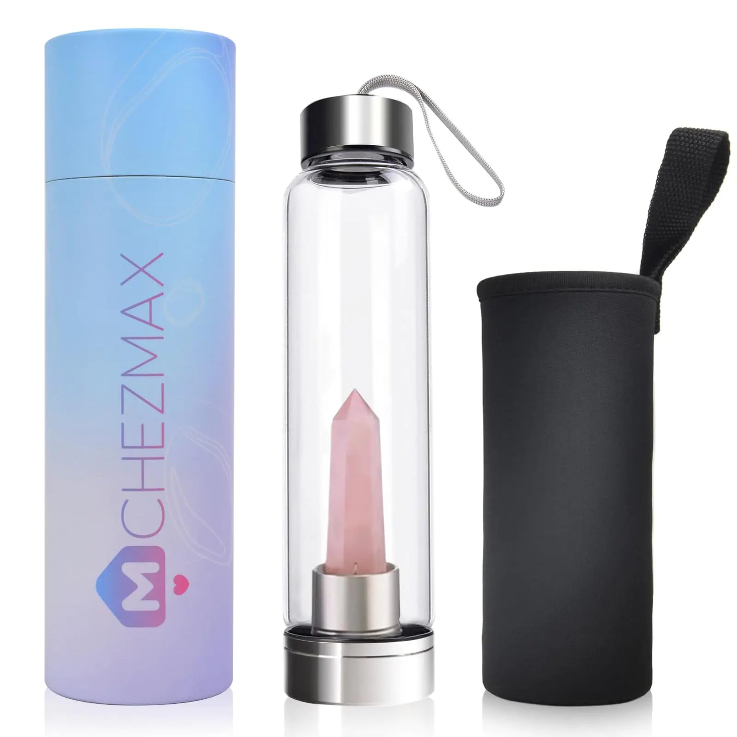 ChezMax Crystal Glass Water Bottle Glass Water Bottle with Changeable Natural Crystal Center Quartz Gemstone Water Bottle for Natural