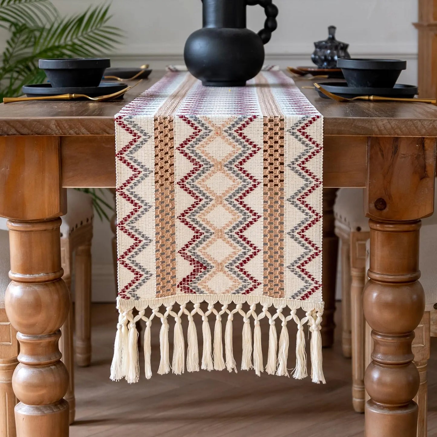 Crisjanggo 12 x 72 Inches Boho Table Runner Rustic Table Runner with Tassels Macrame Style Modern Farmhouse Table Decor for Holiday Party Wedding Home