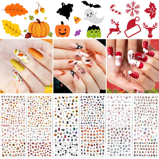 Whaline 18 Sheets Fall Nail Art Stickers Autumn Maple Leaves Pumpkin Nail StickersThanksgiving Christmas Ghost Snowflake Snowman Santa Claus Fall Self-Adhesive Nail Decals for DIY Manicure Party Decor