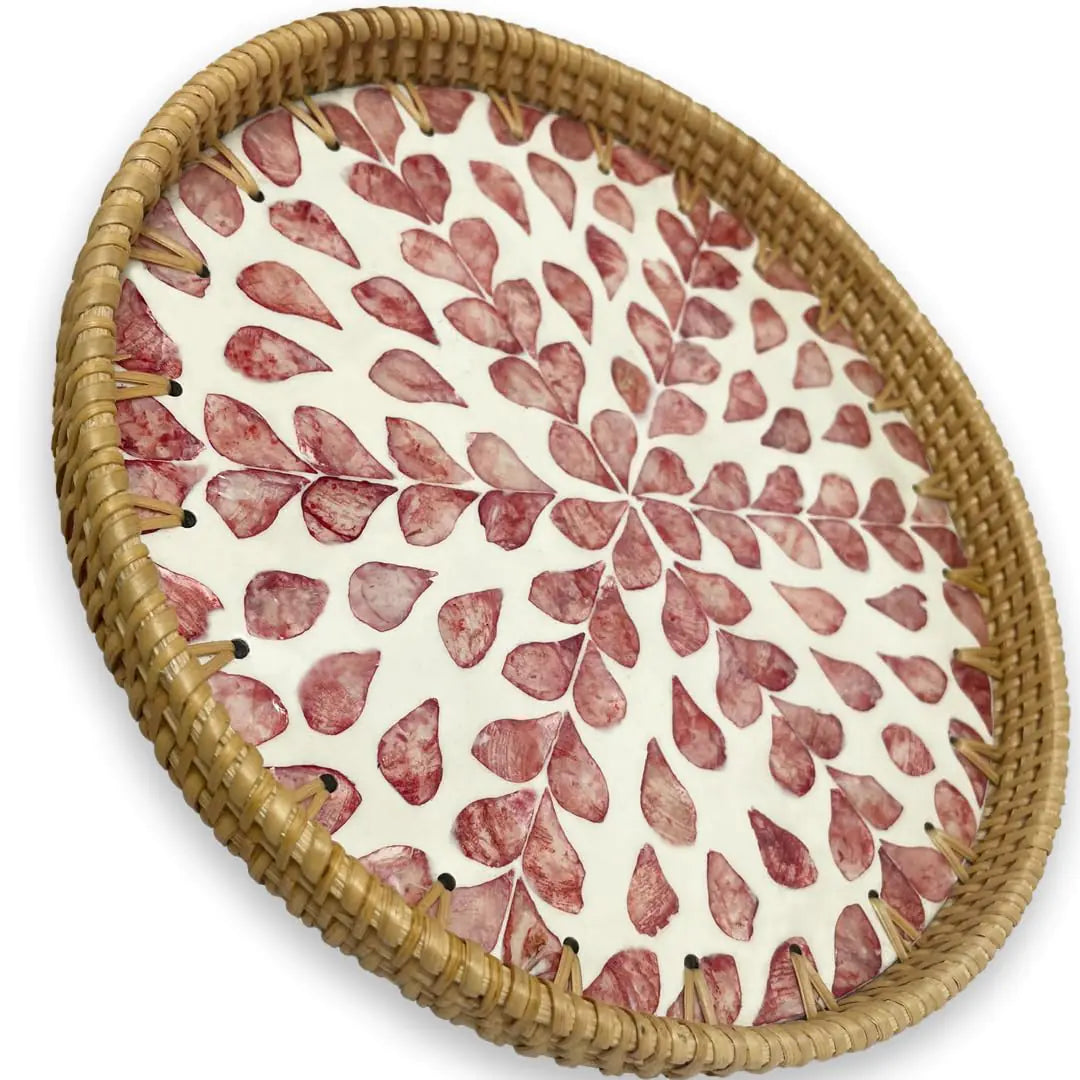 Round Rattan Tray with Mother of Pearl Inlay Boho Coffee Table Tray Decor Wicker Trays for Decor Woven Tray Round Basket Tray (PINKHEART 11.8 INCH)