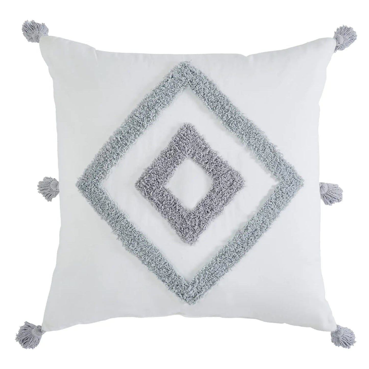 Indigo Ink - Decorative Pillow Tufted Diamond Pillow with Tassels Throw Pillows for Couch or Bed Boho Home Decor 20" x 20" (Tufted Medallion Collection White/Grey)