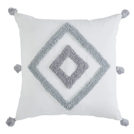Indigo Ink - Decorative Pillow Tufted Diamond Pillow with Tassels Throw Pillows for Couch or Bed Boho Home Decor 20" x 20" (Tufted Medallion Collection White/Grey)