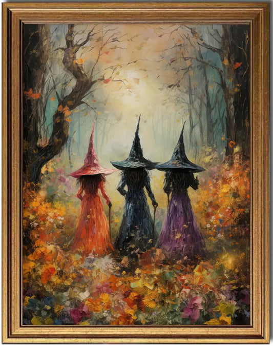 KBKBART Gold Framed Halloween Room Decor Wall Art Prints Vintage Witch Halloween Posters Decor Fall Aesthetic Halloween Pictures Wall Decor for Bedroom Halloween Horror Spooky Painting Vintage Witch Wall Art - 12"x16"