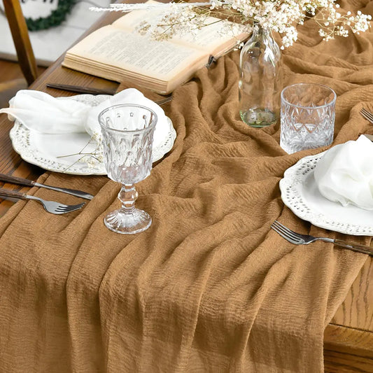 Artoid Mode Boho Cheesecloth Gauze Mustard Yellow Wedding Table Runner Seasonal Fall Thanksgiving Fabric Kitchen Dining Holiday Table Decor for Home Party Indoor 35x120 Inch