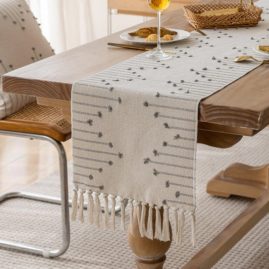 Joyfol Day Boho Table Runner Farmhouse Stripe Cotton Table Runners with Tassels for Home Dining Table Decor Rustic Natural Woven Dresser Scarf (Beige&Grey13 x 36 Inch)