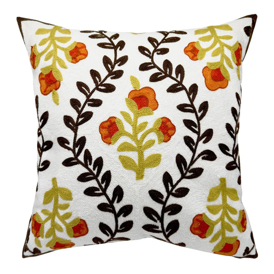 Alysheer Floral Embroidered Fall Decorative Throw Pillow Cover 18"x 18" Farmhouse Cottage Orange Flowers Brown Leaves Knit Pattern Cotton Canvas Cushion Case for Sofa Couch Bed Living Room Decor