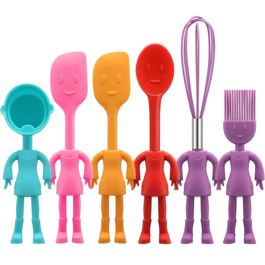 Human Shaped Kitchen Utensils Set 6 Piece Non Stick Heat Resistant Baking Tools Kitchen Gadgets Silicone Cute Utensils with Comfortable Grip Handle Dishwasher Easy Clean and Stand up Kitchenware
