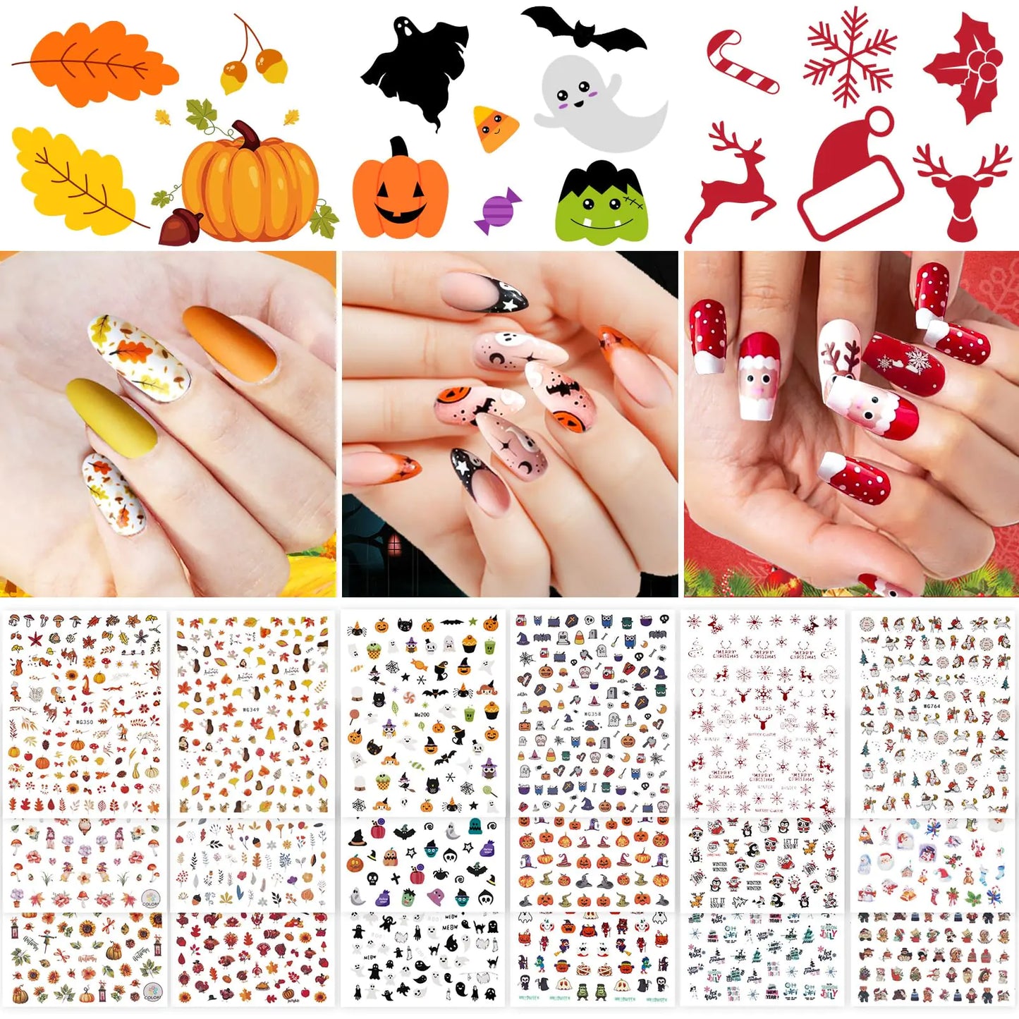 Whaline 18 Sheets Fall Nail Art Stickers Autumn Maple Leaves Pumpkin Nail StickersThanksgiving Christmas Ghost Snowflake Snowman Santa Claus Fall Self-Adhesive Nail Decals for DIY Manicure Party Decor