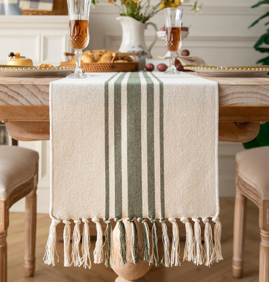 Caflife Boho Table Runner for Modern Farmhouse Decor Dining Table décor 13 x 72 Inch Long Coffee Table Runner with Handcrafted Tassels Green and Beige Stripe Table Runner for Home Boho décor