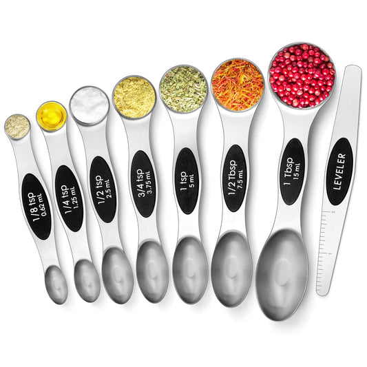 Urbanstrive Magnetic Measuring Spoons Set Stainless Steel Dual Sided for Liquid Dry Food Measuring Cups Spoons Set Fits in Spice Jar Kitchen Gadgets Cooking Utensils Set Including Leveler Silver