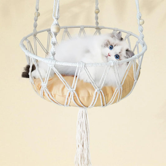 MUYG Macrame Cat Hammock Bed Handwoven Hanging Boho Cat Bed with Hanging Kit for Indoor Outdoor Home Decor Hang Cat Swing Beds for Playing Sleeping Climbing and Lounging(15.74x15.74x47.24IN)(L)