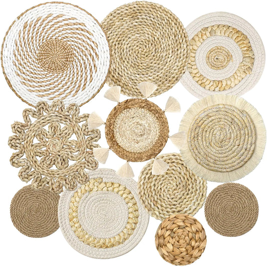 LOMOHOO Set of 11 Boho Wall Basket Decor Wicker Woven Wall Basket Decorations Bohemian Handcrafted Round Basket Hanging decor Bulrush Wall Art Decors for Living Room Rustic Home