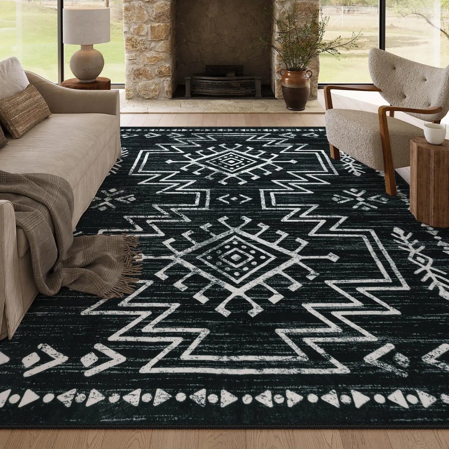 Lahome 8x10 Boho Rug for Living Room Washable Black and White Bedroom Rug Stain Resistant Moroccan Dining Room Rugs for Under Table Low Pile Western Distressed Aztec Rug for Office Home Decor