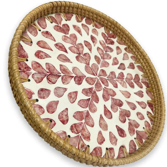 Round Rattan Tray with Mother of Pearl Inlay Boho Coffee Table Tray Decor Wicker Trays for Decor Woven Tray Round Basket Tray (PINKHEART 11.8 INCH)