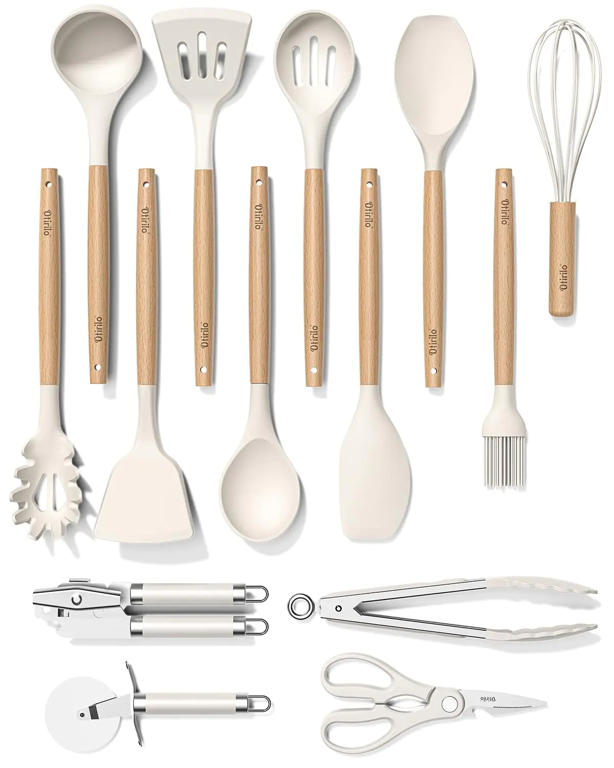 Otirilo Cooking Utensil Set Silicone Kitchen Utensils Set 14Pcs 446°F Heat Resistance Non-Stick Cooking Tools Spatula Set with Wooden HandleKitchen Utensil Gadgets Tools Set for Cookware