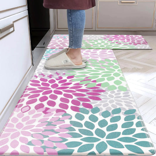 Likiyol Kitchen Mats for Floor [2 PCS] Anti-Fatigue Kitchen Rugs Non Slip Washable Boho Flower Waterproof Kitchen Decor Cushioned Standing Floor Mats for Home/Office 18x48+18x60(Pink)