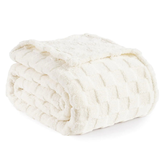 PHF Cream Fleece Blanket for Couch Warm Checkered Blanket for Fall and Winter 3D Plaid Jacquard Fluffy King Blanket for Home Decor 108x90 Inches