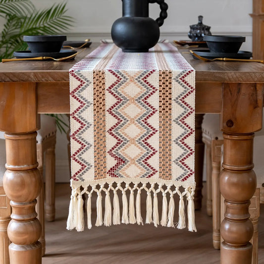 Crisjanggo 12 x 72 Inches Boho Table Runner Rustic Table Runner with Tassels Macrame Style Modern Farmhouse Table Decor for Holiday Party Wedding Home